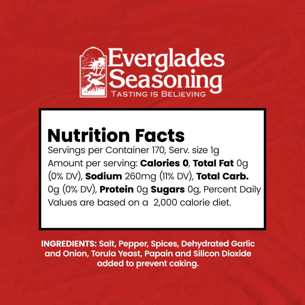 Everglades Heat Seasoning bottle back highlighting ingredients and USA-made quality.