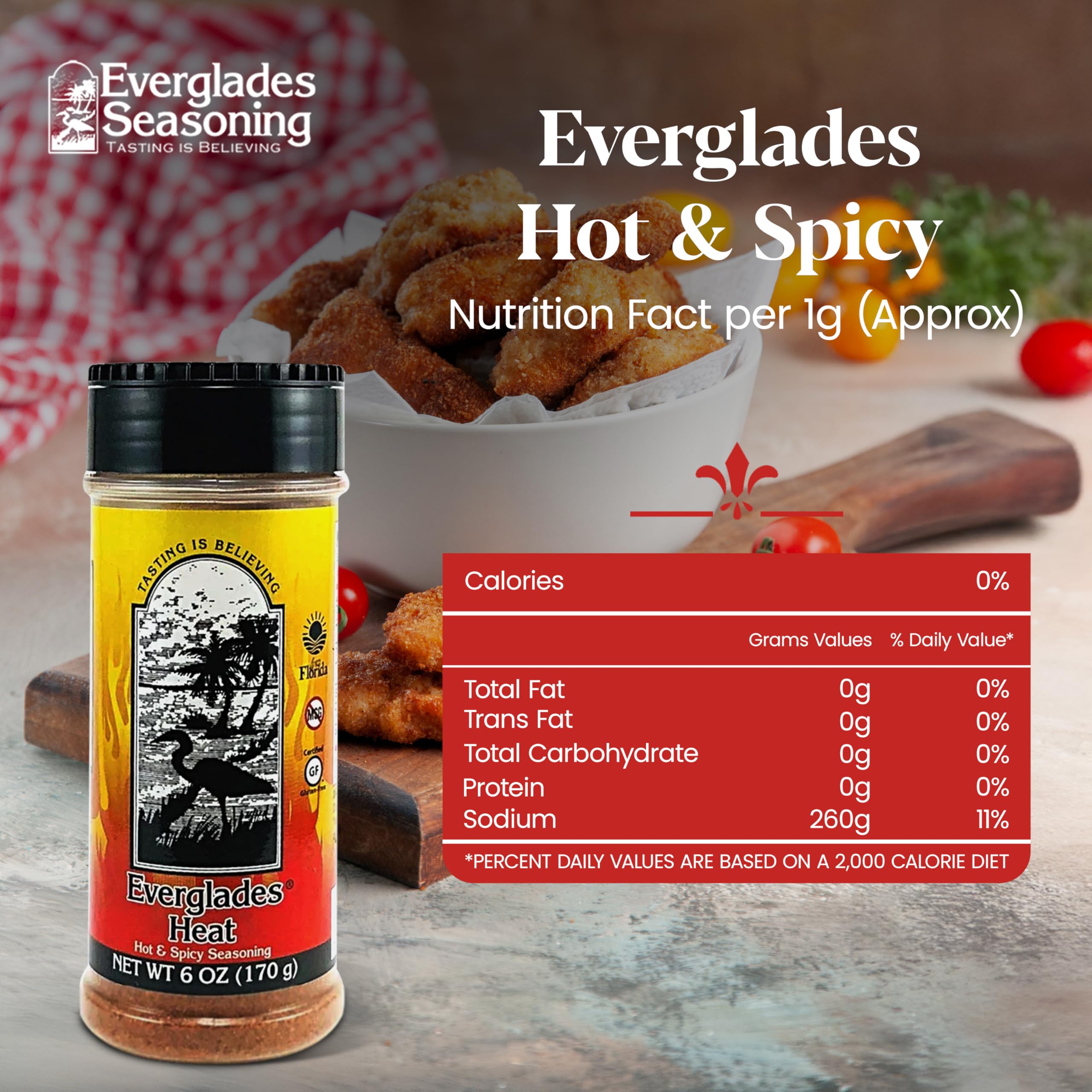 Everglades Heat Seasoning dusting wings demonstrates easy, on-the-go flavor boost.