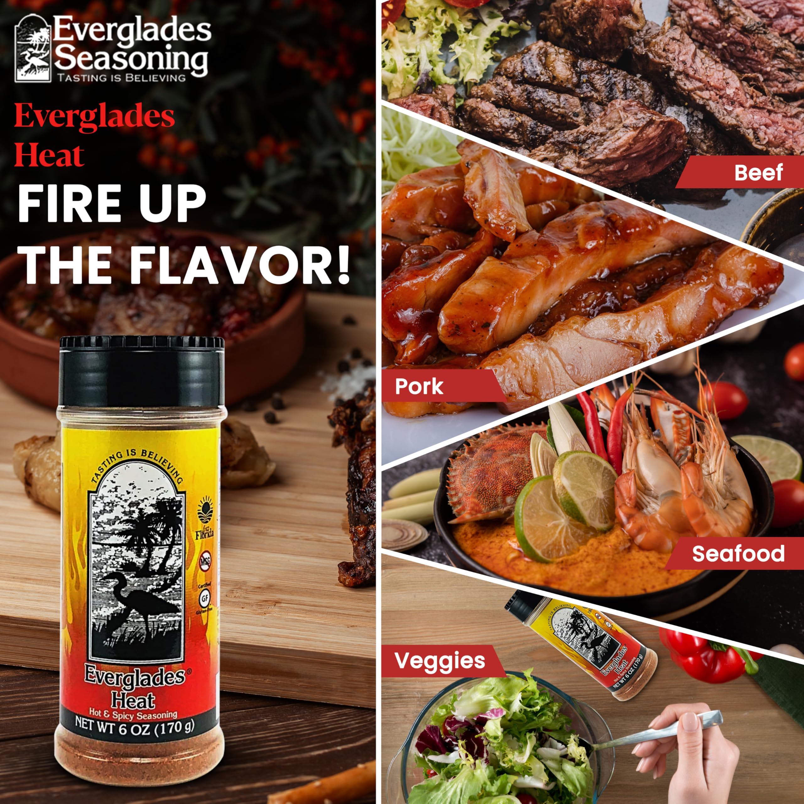 Everglades Heat Seasoning packaging on display signaling authentic Southern flavor.