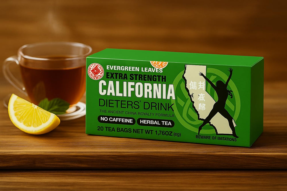 Evergreen Leaves California Dieter Tea three boxes on display for a natural herbal brew.