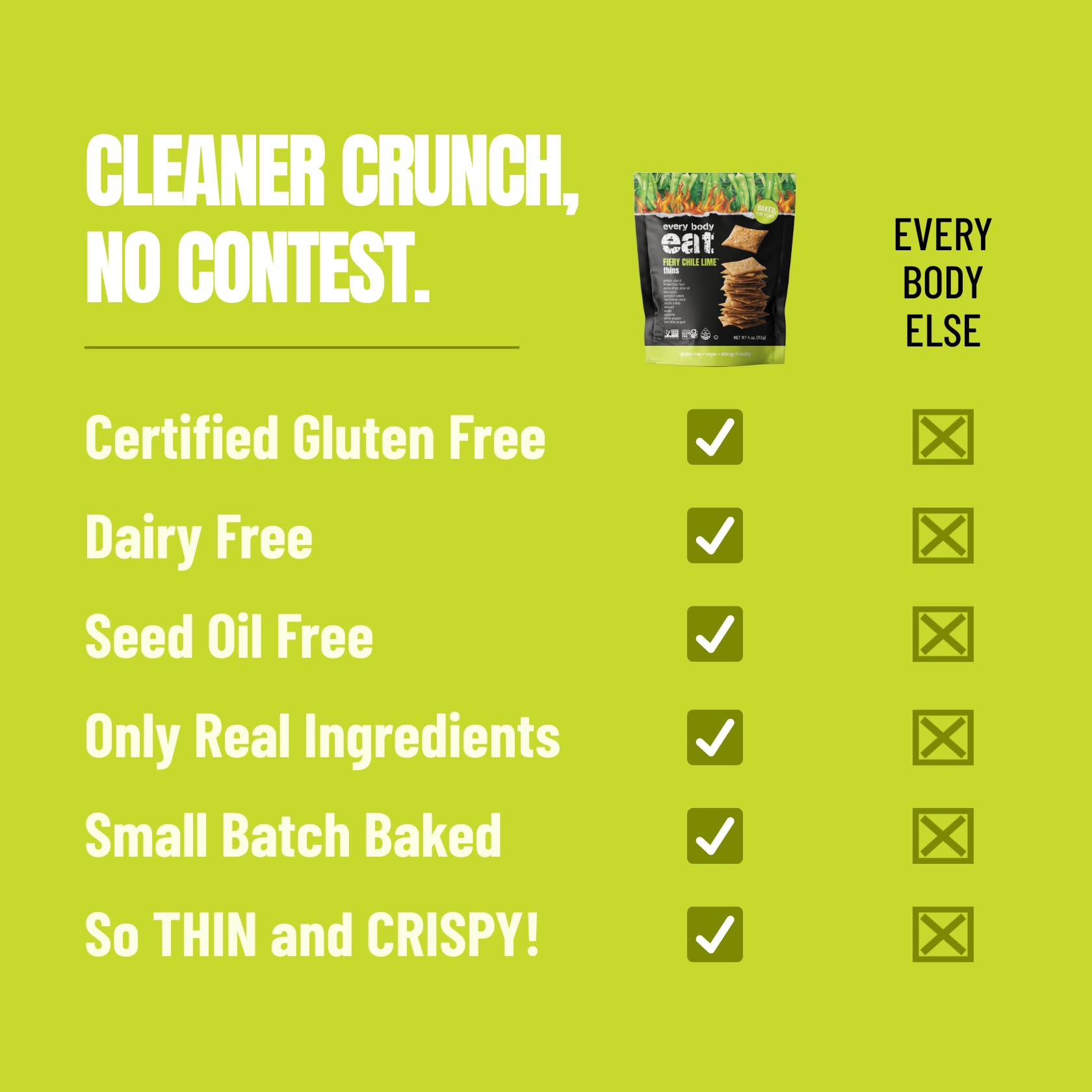Every Body Eat Cracker Thins 4oz case stacked for pantry display.