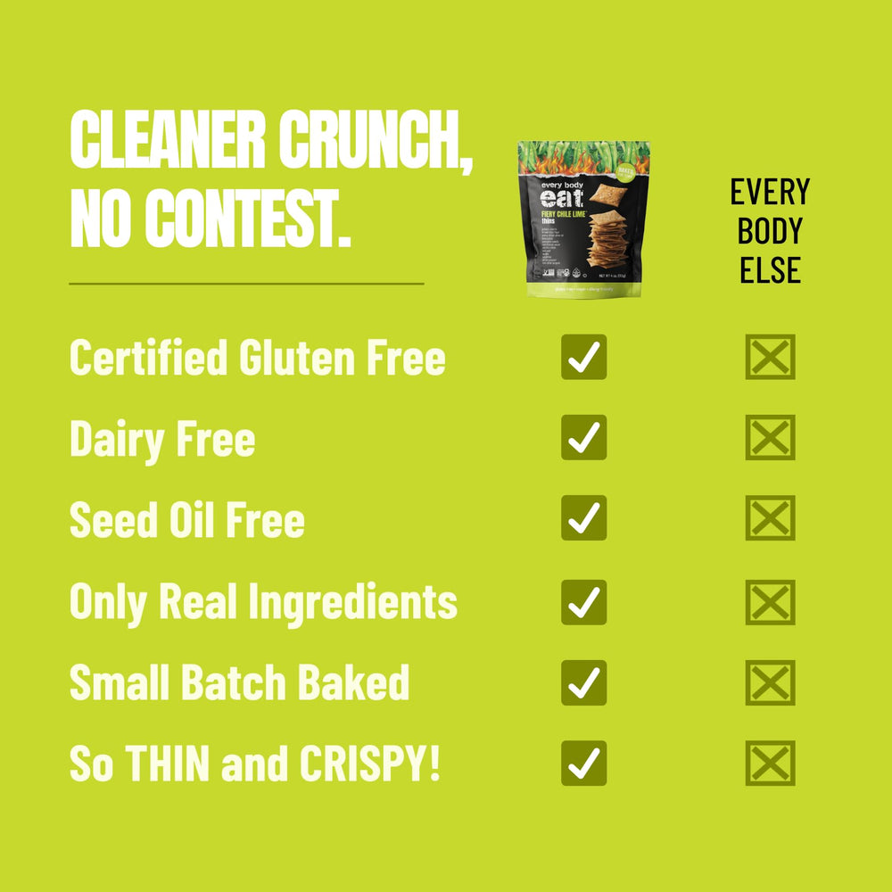 Every Body Eat Cracker Thins 4oz case stacked for pantry display.
