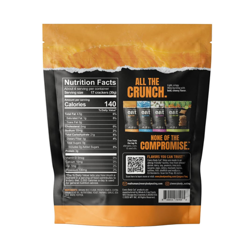 Every Body Eat Snack Cracker Thins crackers close-up showing crisp, cheese-less texture.