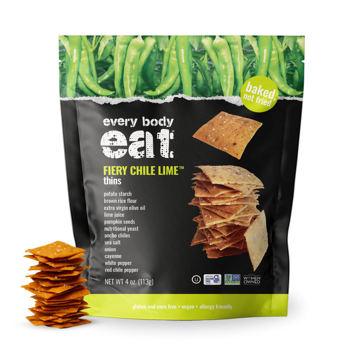 Every Body Eat Fiery Chile Lime Cracker Thins in a pack, bold gluten-free snack.