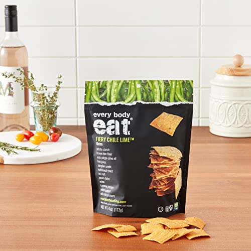 Every Body Eat Fiery Chile Lime Cracker Thins illustrated foil pack ideal for quick snacking.
