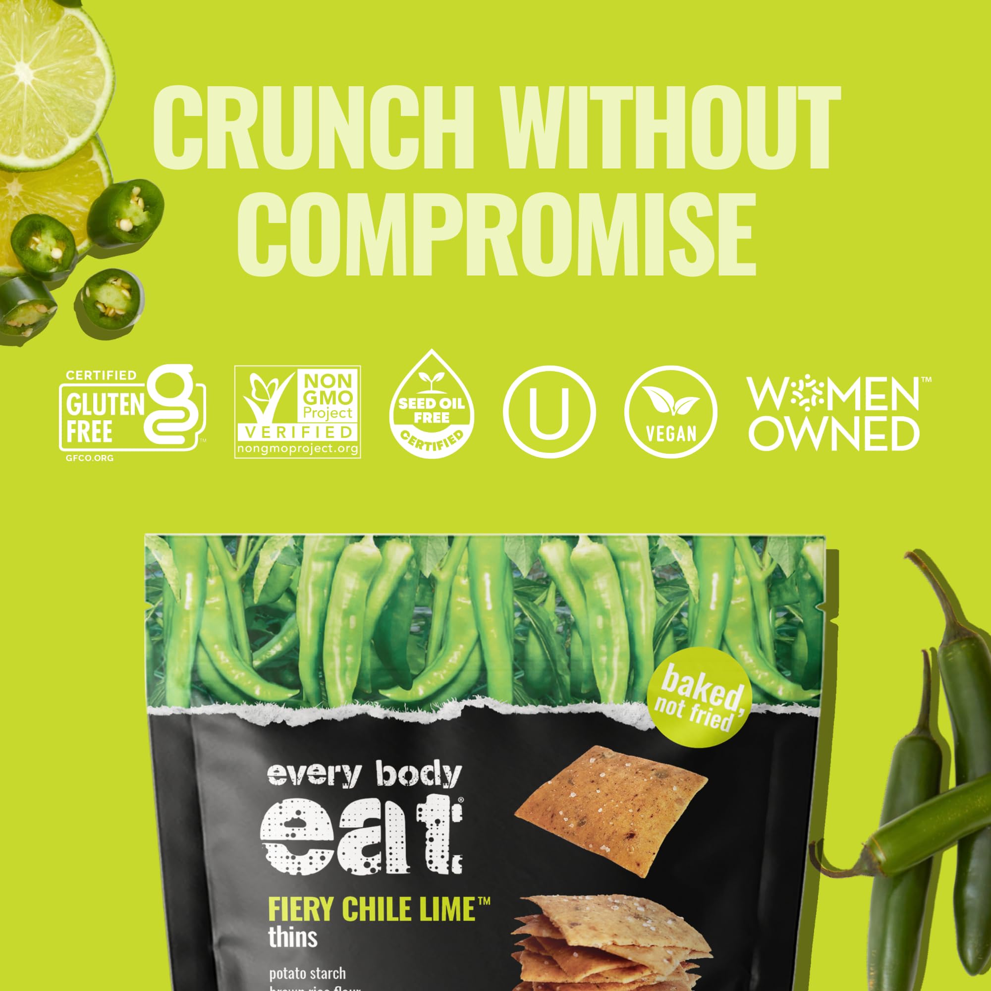 Every Body Eat Cracker Thins with allergen-free ingredients appeals to mindful snacking.