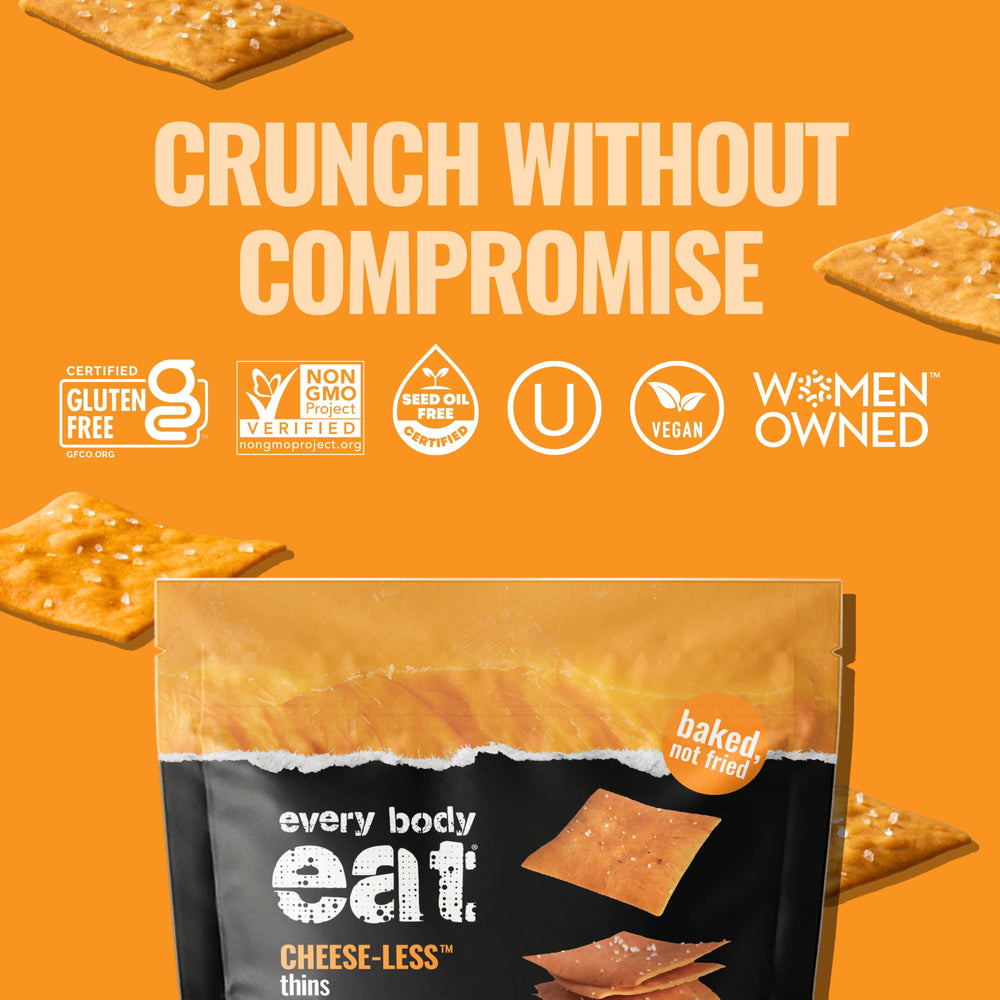 Every Body Eat Snack Cracker Thins in a lunchbox for on-the-go, dairy-free snacking.