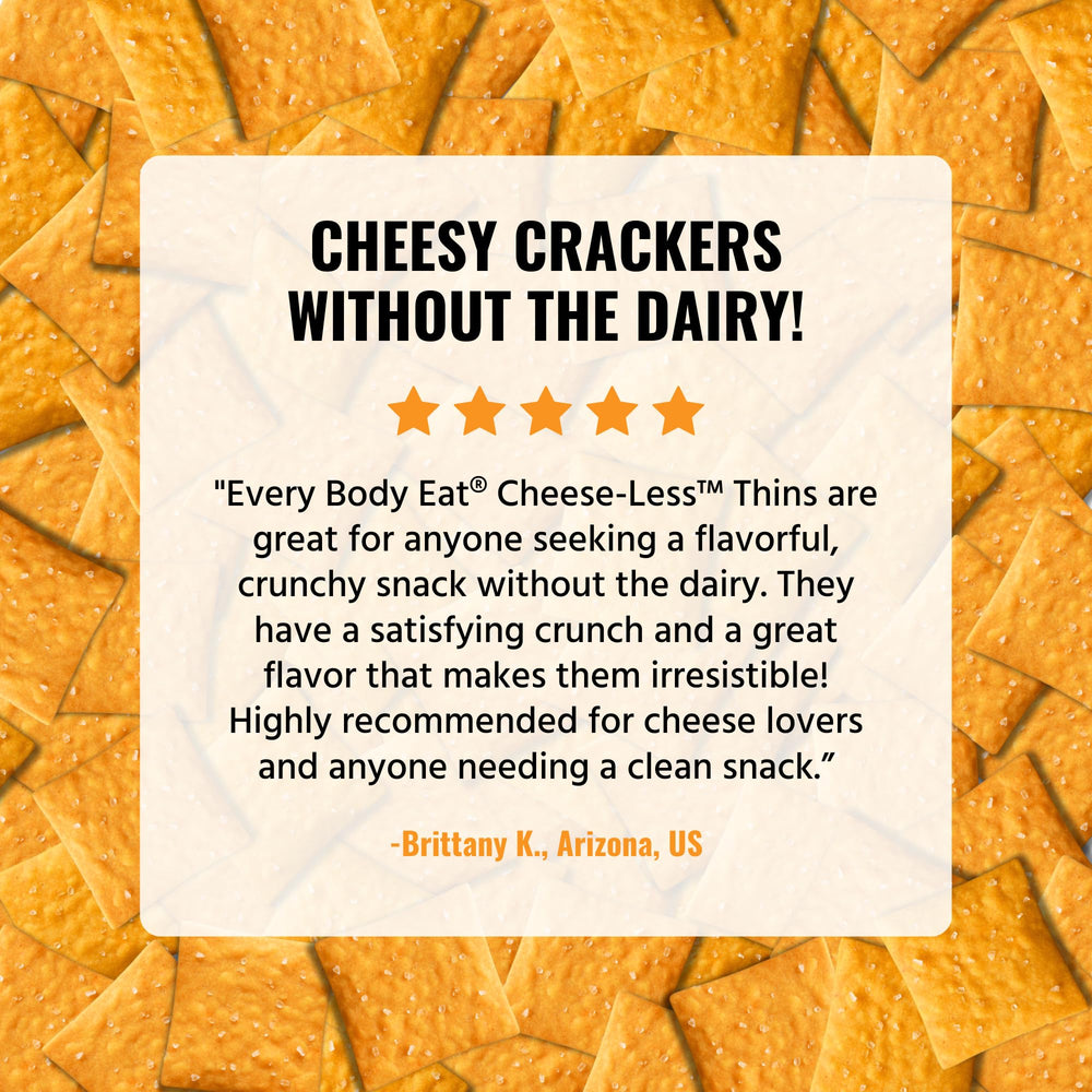 Every Body Eat Snack Cracker Thins pantry display for easy, allergen-friendly snacking.