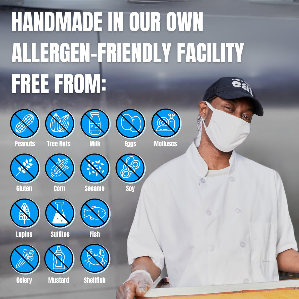 Packaging shows allergen-free facility claim for peace of mind.