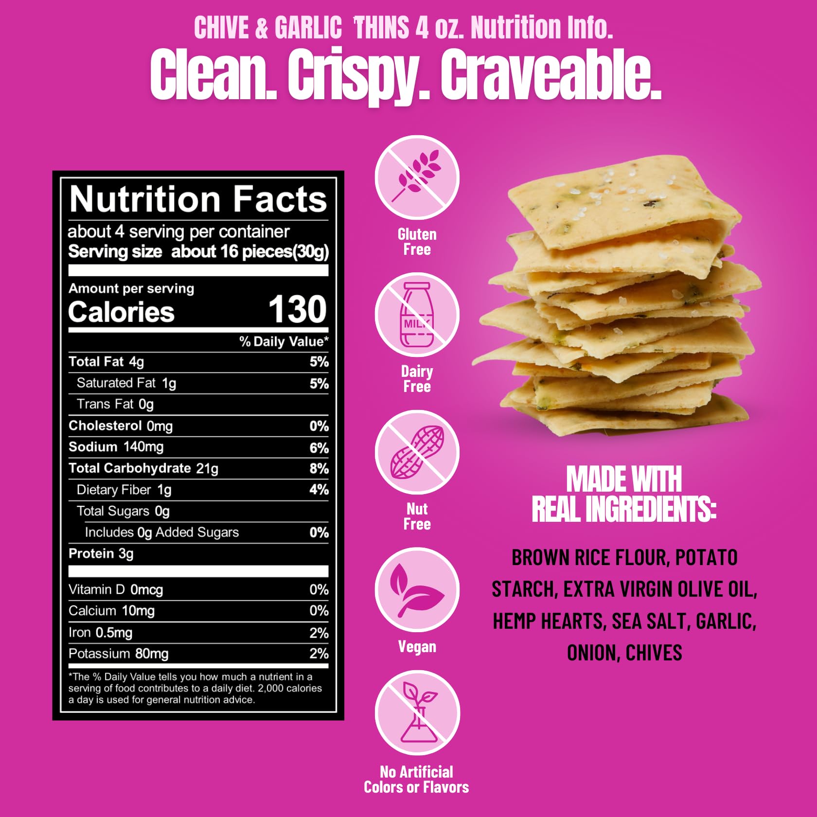 Every Body Eat Snack Thins Chive & Garlic crackers dip-ready, showcasing versatile serving options.