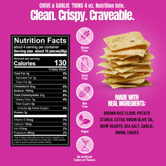 Every Body Eat Snack Thins Chive & Garlic crackers dip-ready, showcasing versatile serving options.