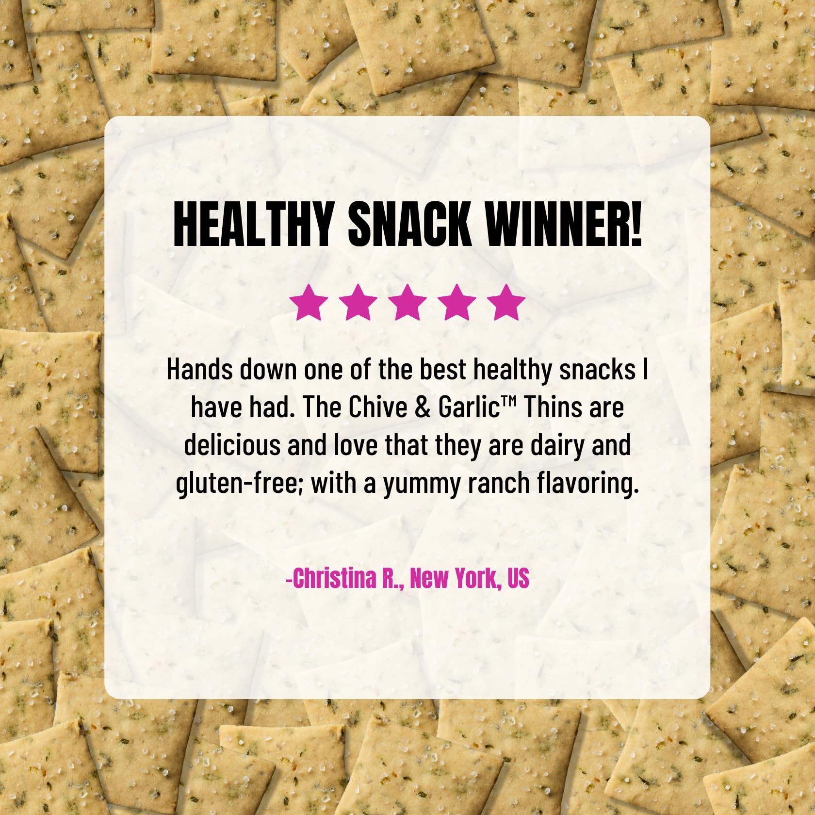 Every Body Eat Snack Thins Chive & Garlic ingredients panel highlights clean, whole-food ingredients.