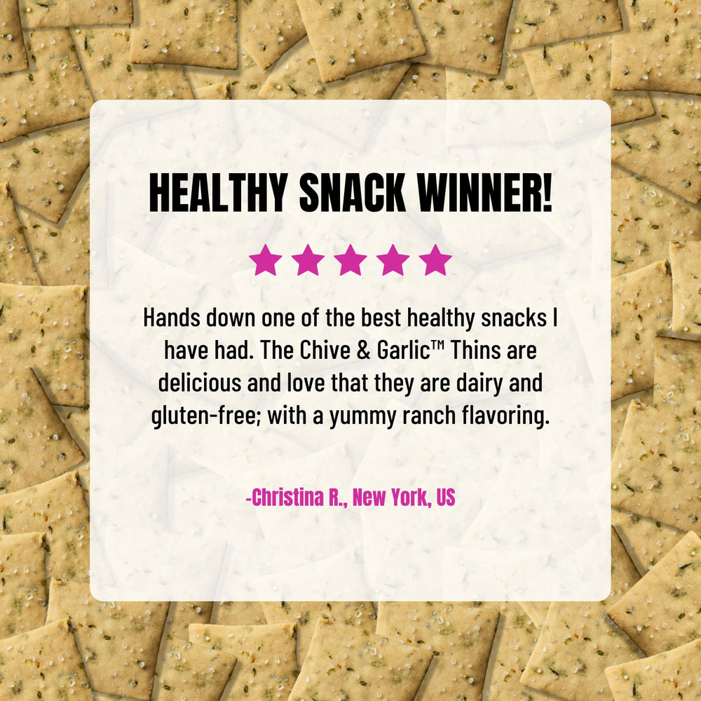 Every Body Eat Snack Thins Chive & Garlic ingredients panel highlights clean, whole-food ingredients.