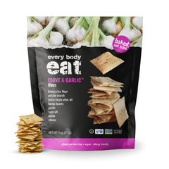 Every Body Eat Snack Thins Chive & Garlic on the bag; gluten-free, allergen-safe.