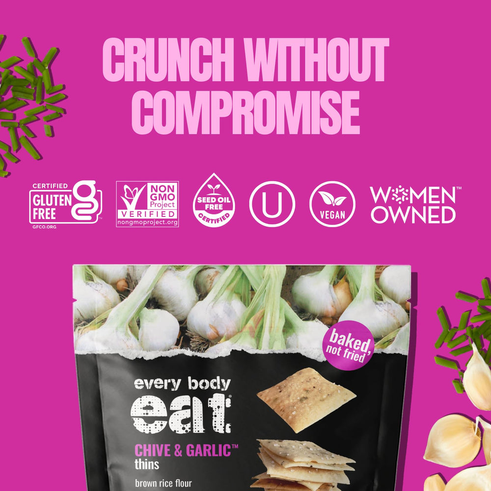 Every Body Eat Snack Thins Chive & Garlic on the table, snack-time convenience.