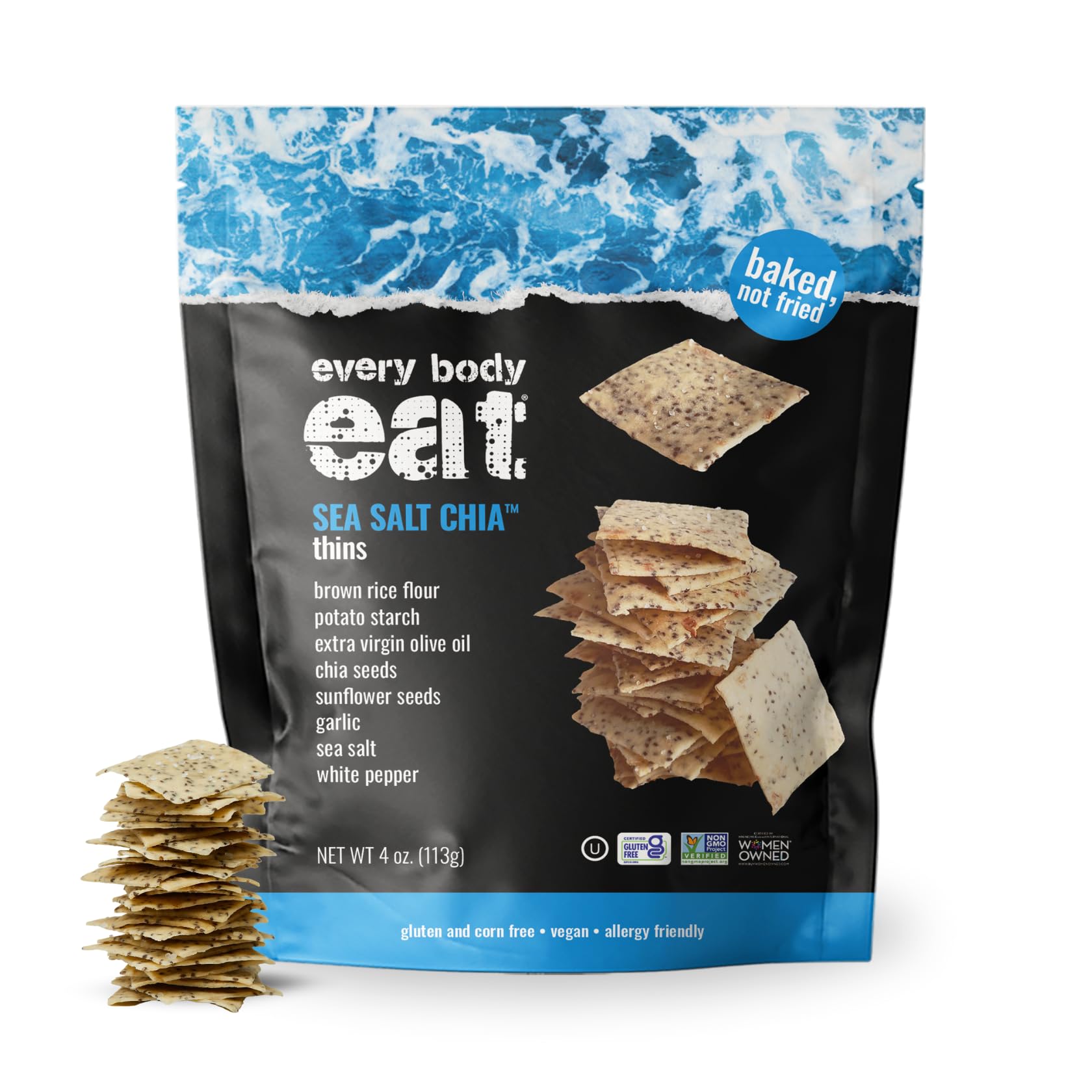 Every Body Eat Snack Thins Sea Salt Chia crackers in a bag for on-the-go snacking.