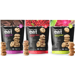 Every Body Eat Crunchy Cookie Bites variety pack front view, gluten-free lunchbox option.