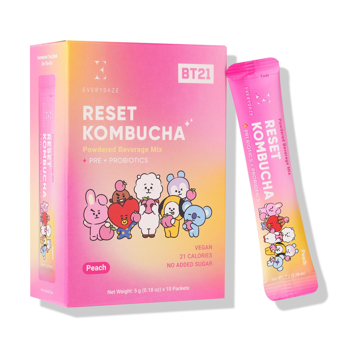 Everydaze BT21 Reset peach sparkle stick, refreshing low‑calorie drink.