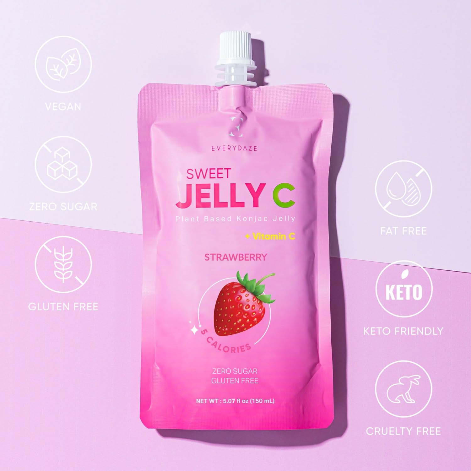 EVERYDAZE Sweet Jelly C Konjac packaging display highlights vegan, gluten-free benefits.