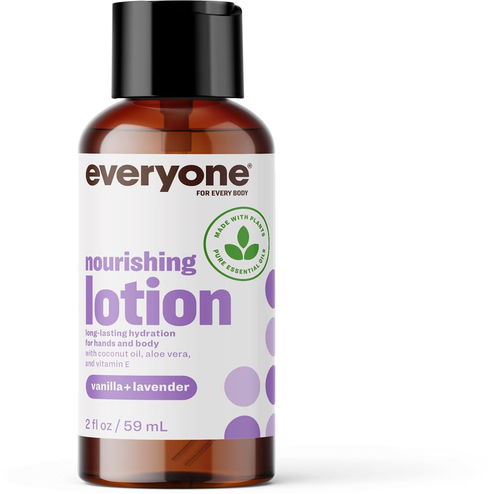 Bathroom setup with Everyone Lotion Vanilla Lavender for daily skincare.