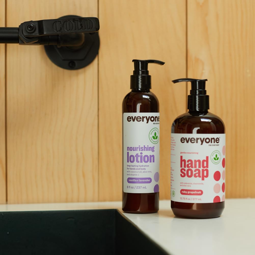 Close-up of the Everyone Lotion Vanilla Lavender label emphasizing quality.