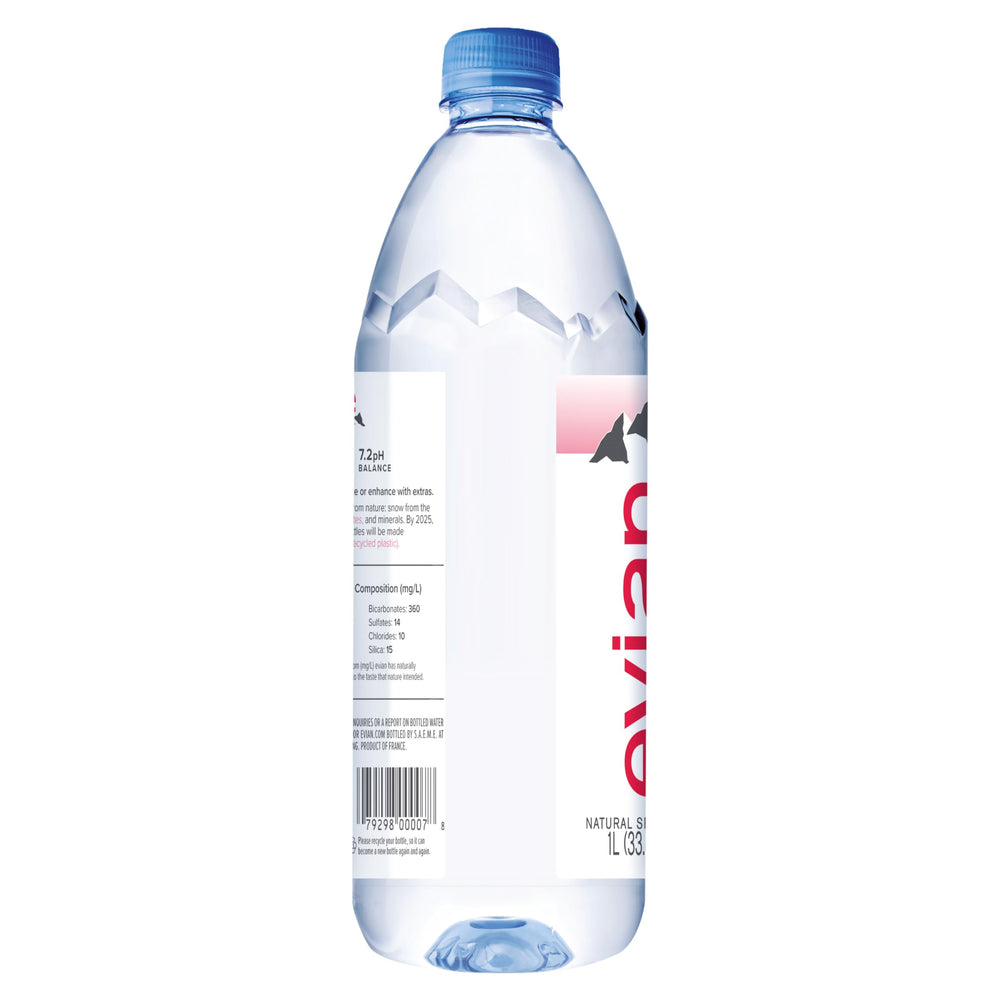 evian 1 L bottle back view highlighting recyclable packaging and natural mineral balance
