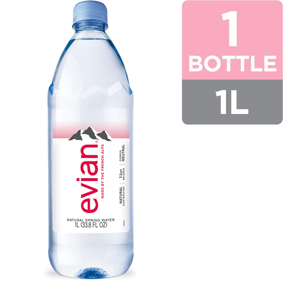 evian 1 L bottle front view showing minimalist label for everyday refreshment
