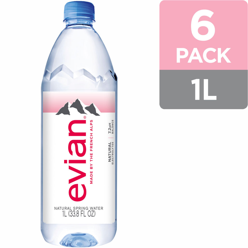 evian 6-pack packaging pictured for easy on-the-go hydration.