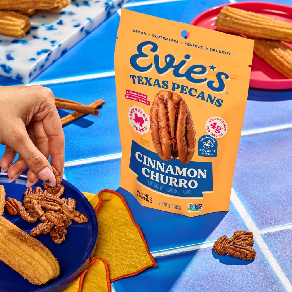 Evie's Pecans ingredients card showing non-GMO, gluten-free, vegan.