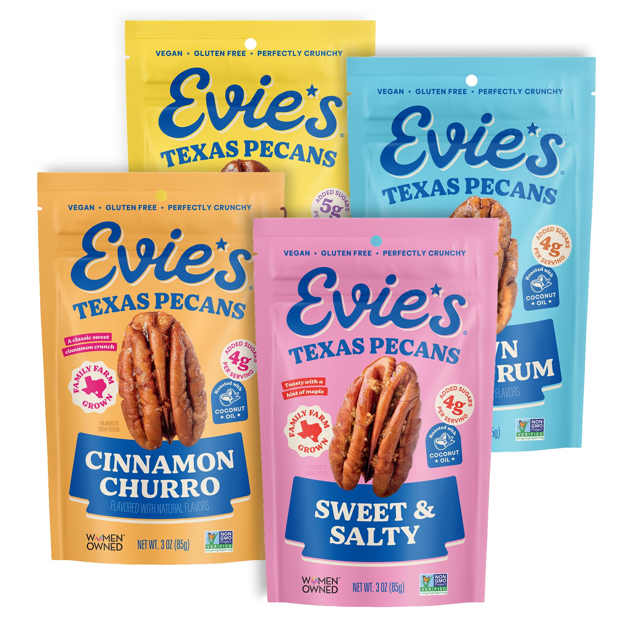 Evie's Pecans variety pack front view for on-the-go snacking.