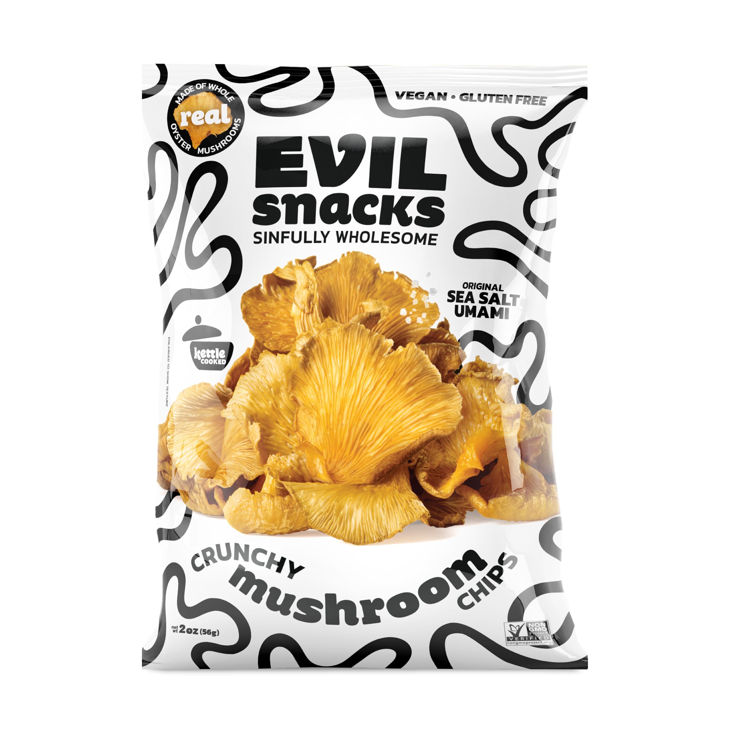 EVIL SNACKS Crunchy Mushroom Chips original bag, gluten-free and vegan.