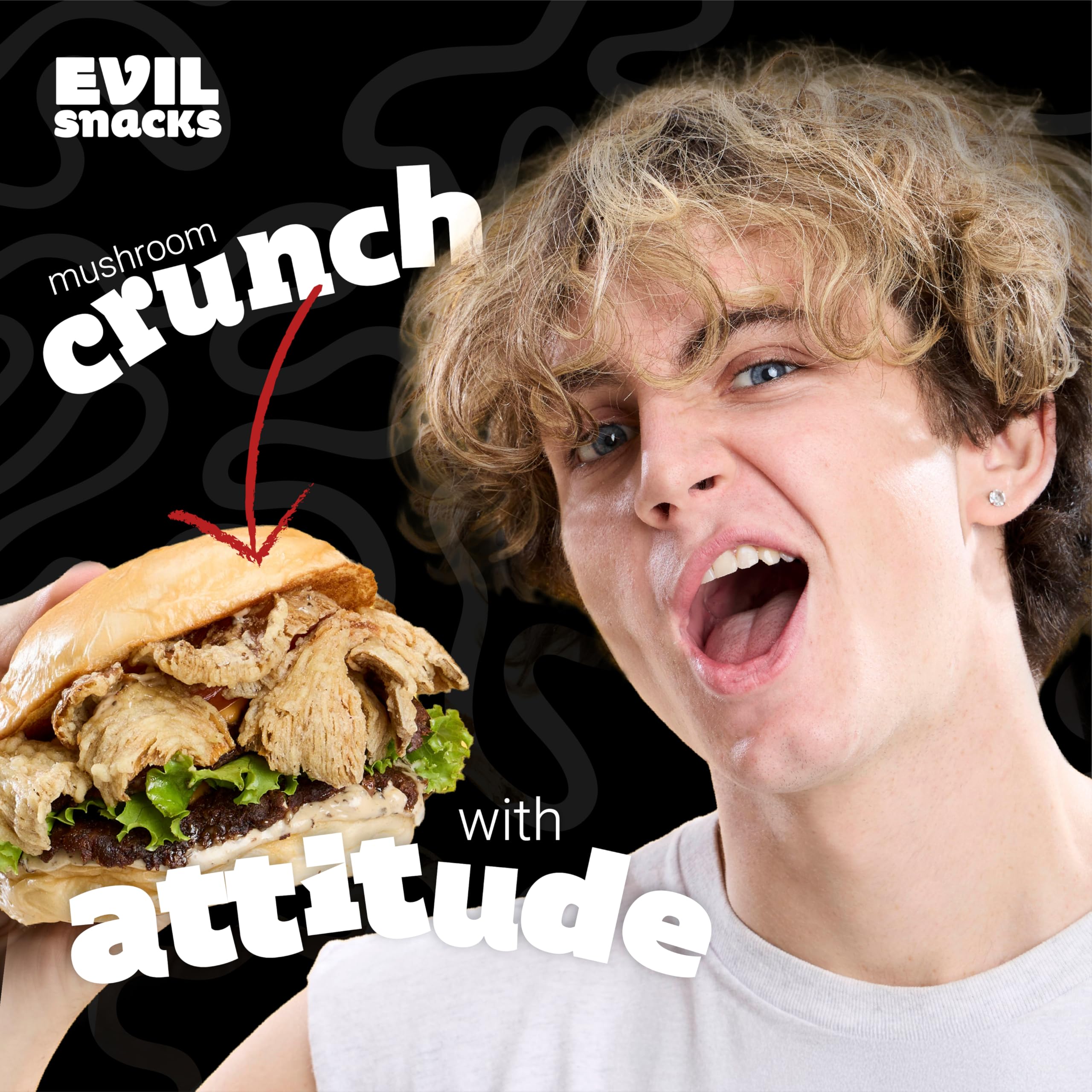 EVIL SNACKS Crunchy Mushroom Chips packaging open, ready to share.
