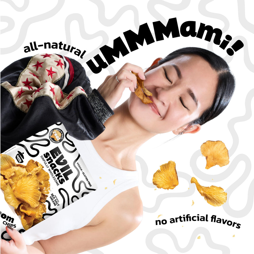 EVIL SNACKS Crunchy Mushroom Chips serving idea with dip.