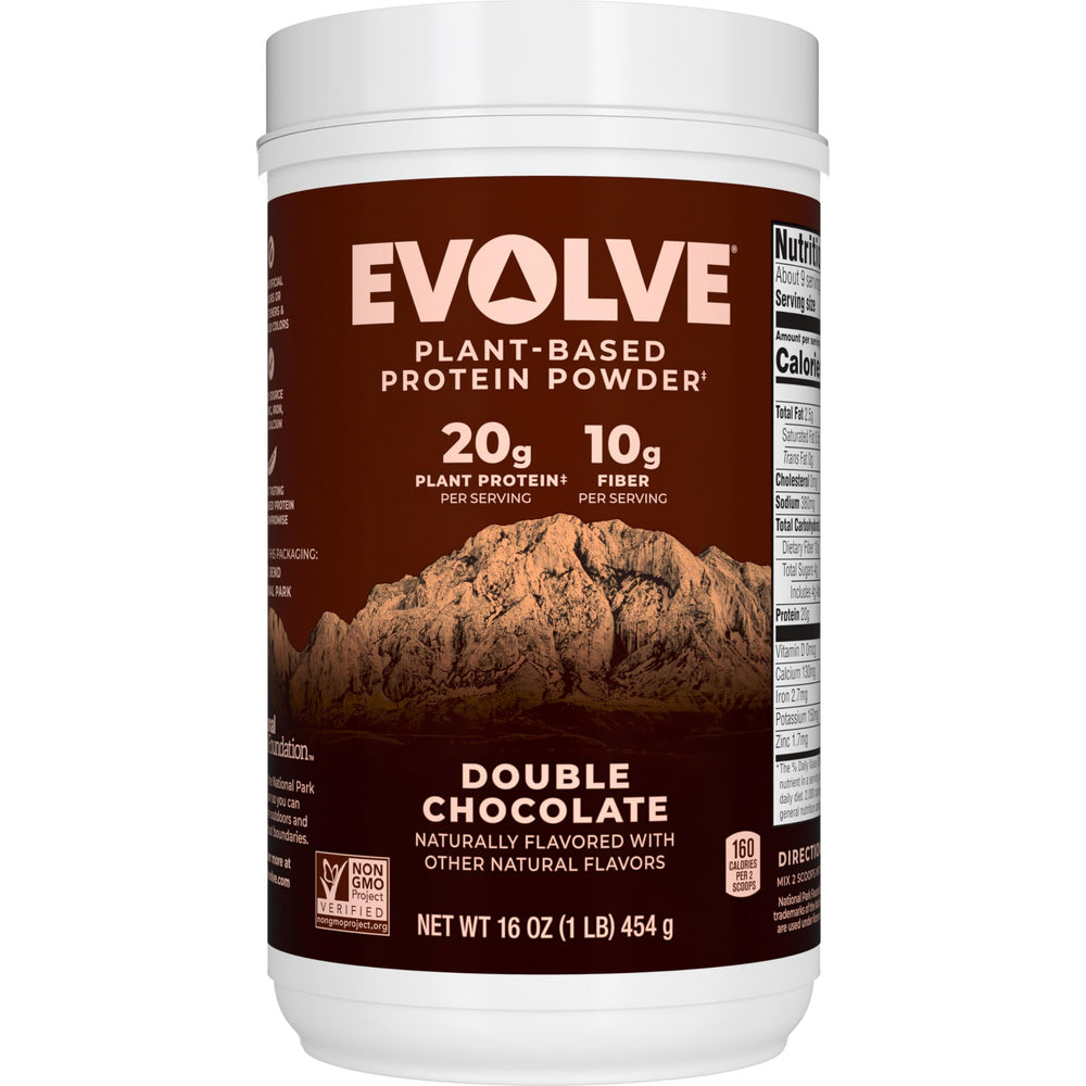 Evolve Protein Powder Classic Chocolate container supports plant-based protein for active days.