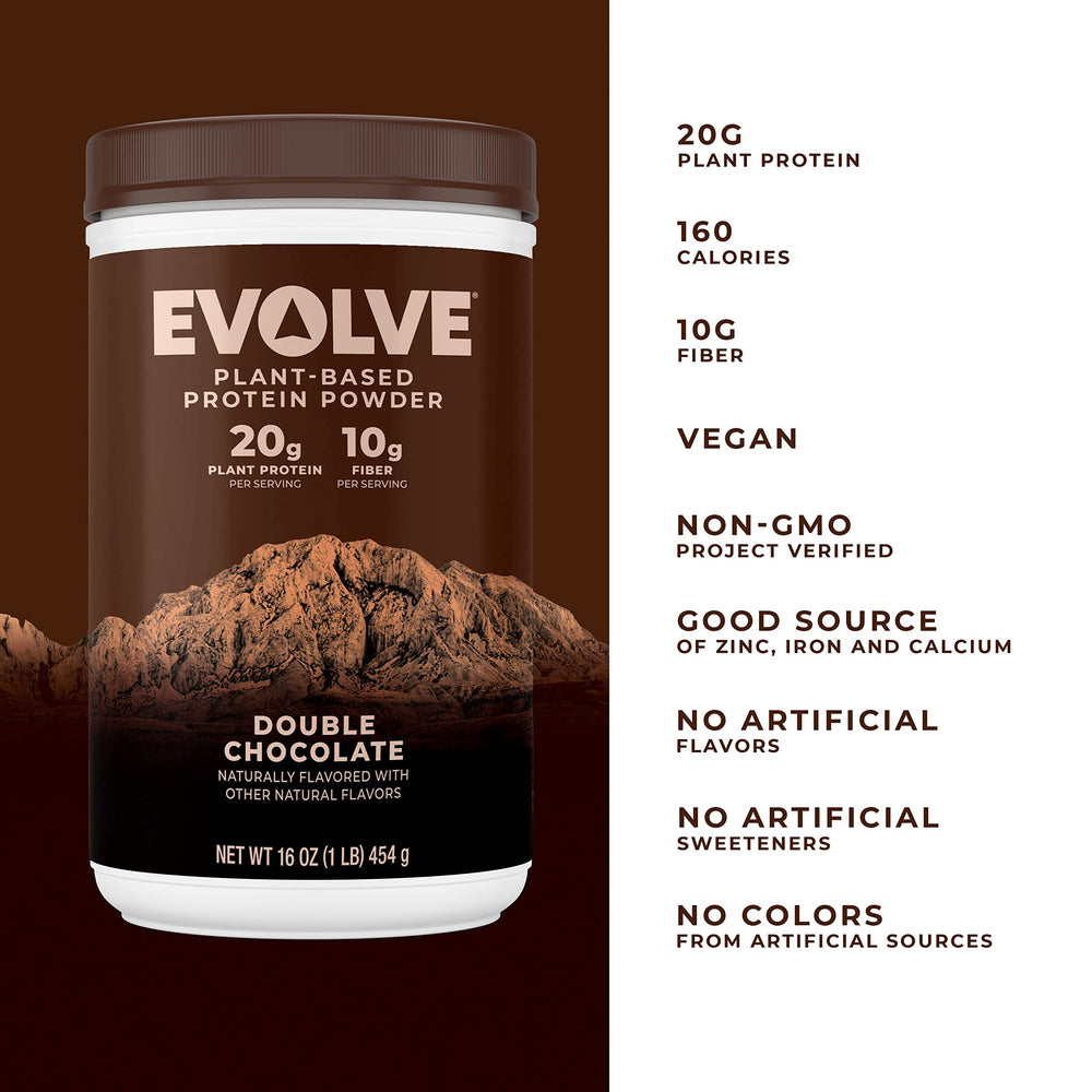Evolve Protein Powder Classic Chocolate scoop mixing image shows convenient 20g protein option.