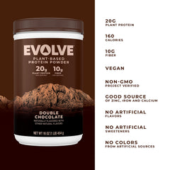 Evolve Protein Powder Classic Chocolate scoop mixing image shows convenient 20g protein option.