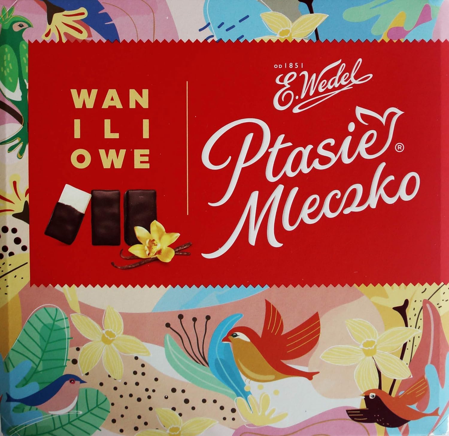 E.Wedel Birds Milk chocolate-covered vanilla marshmallow close-up showing creamy center