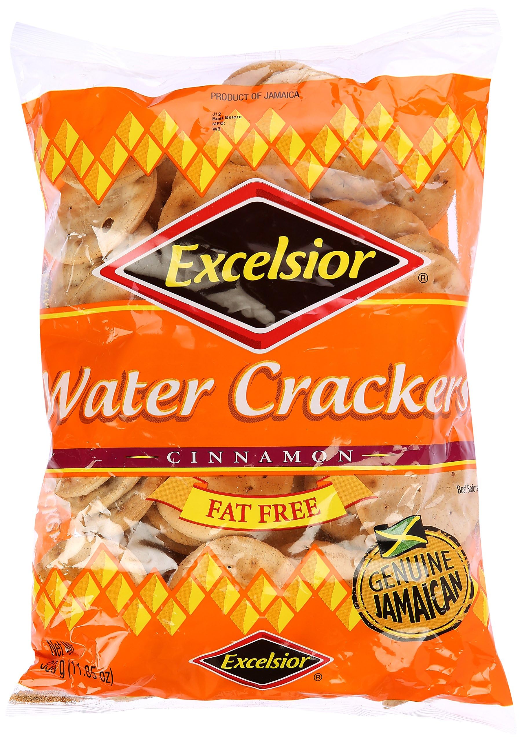 Excelsior Water Crackers packaging on shelf, convenient Jamaican snack.