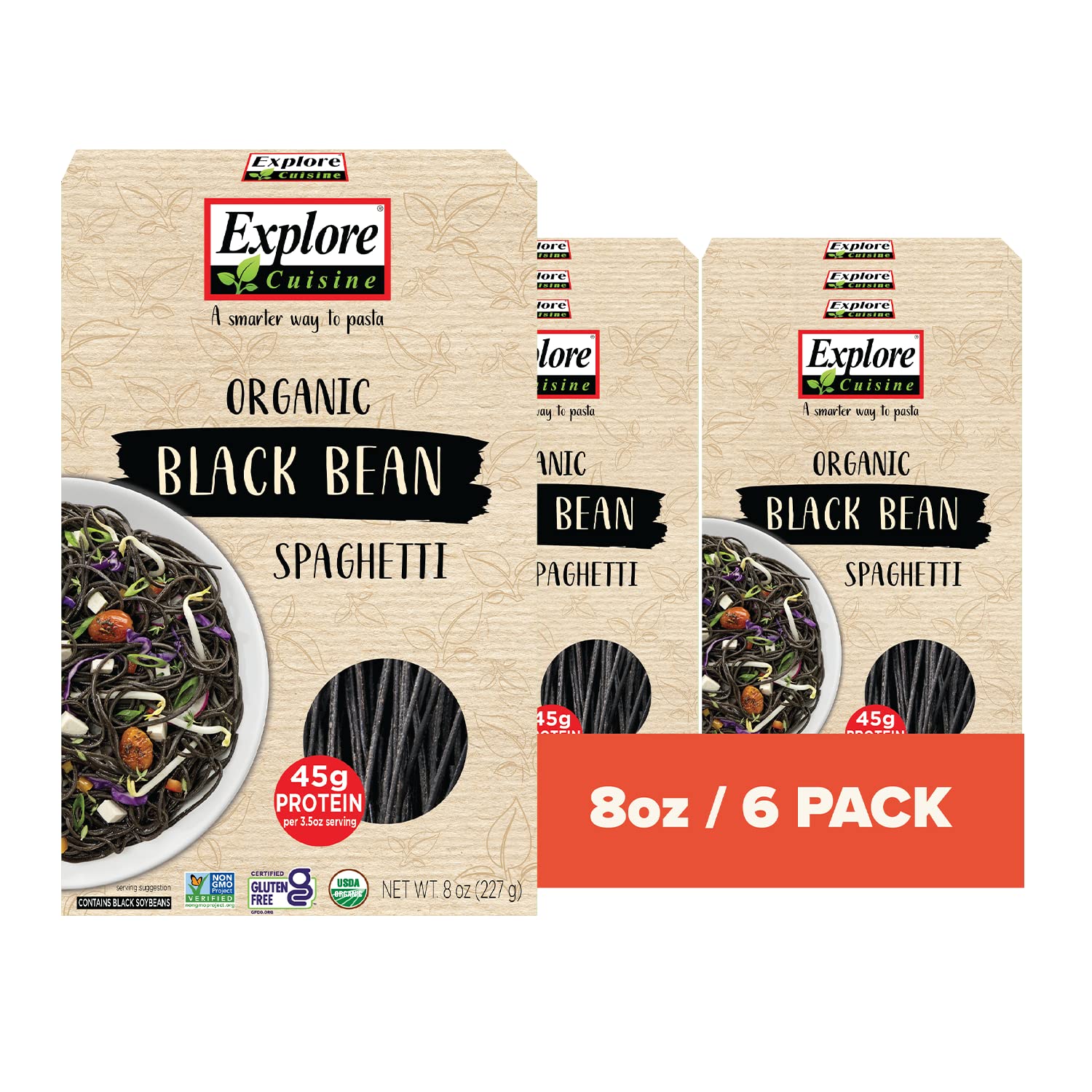 EXPLORE CUISINE Black Bean Spaghetti pack on kitchen counter, gluten-free and high-protein.