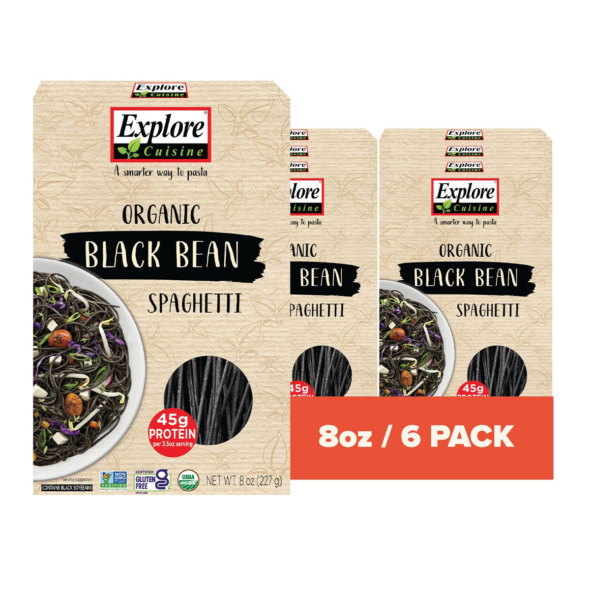 EXPLORE CUISINE Black Bean Spaghetti pack on kitchen counter, gluten-free and high-protein.
