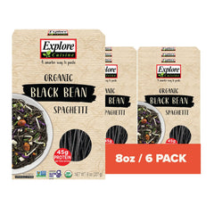 EXPLORE CUISINE Black Bean Spaghetti pack on kitchen counter, gluten-free and high-protein.