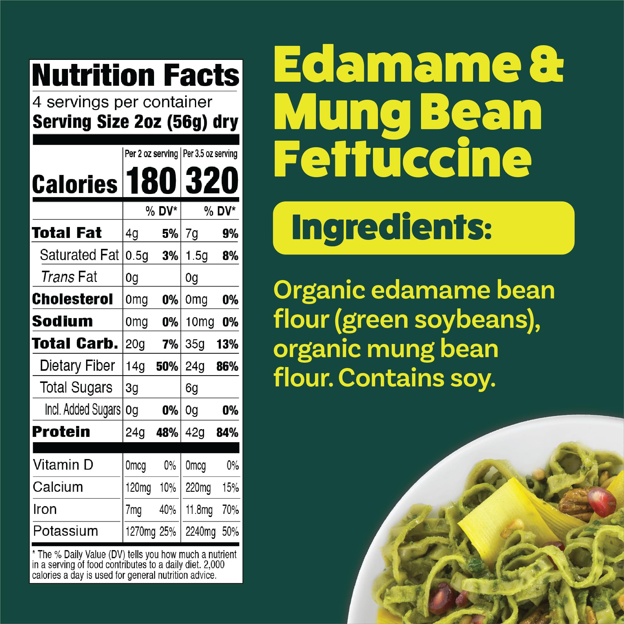 Explore Cuisine cooked fettuccine plated with veggies, highlighting high protein plant-based options.