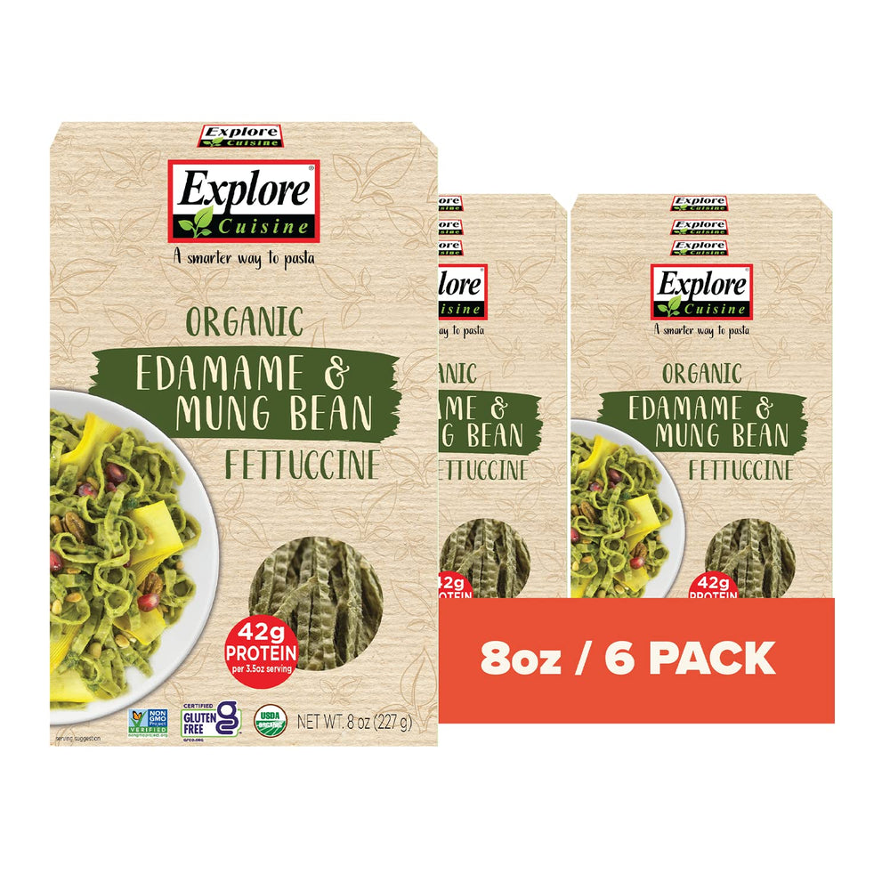 Explore Cuisine edamame-mung bean fettuccine pack six, convenient organic pasta for pantry meals.