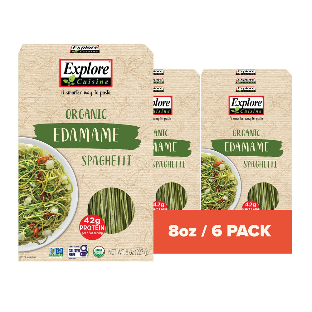 Explore Cuisine Organic Edamame Spaghetti packaging showing gluten-free and protein-rich pasta