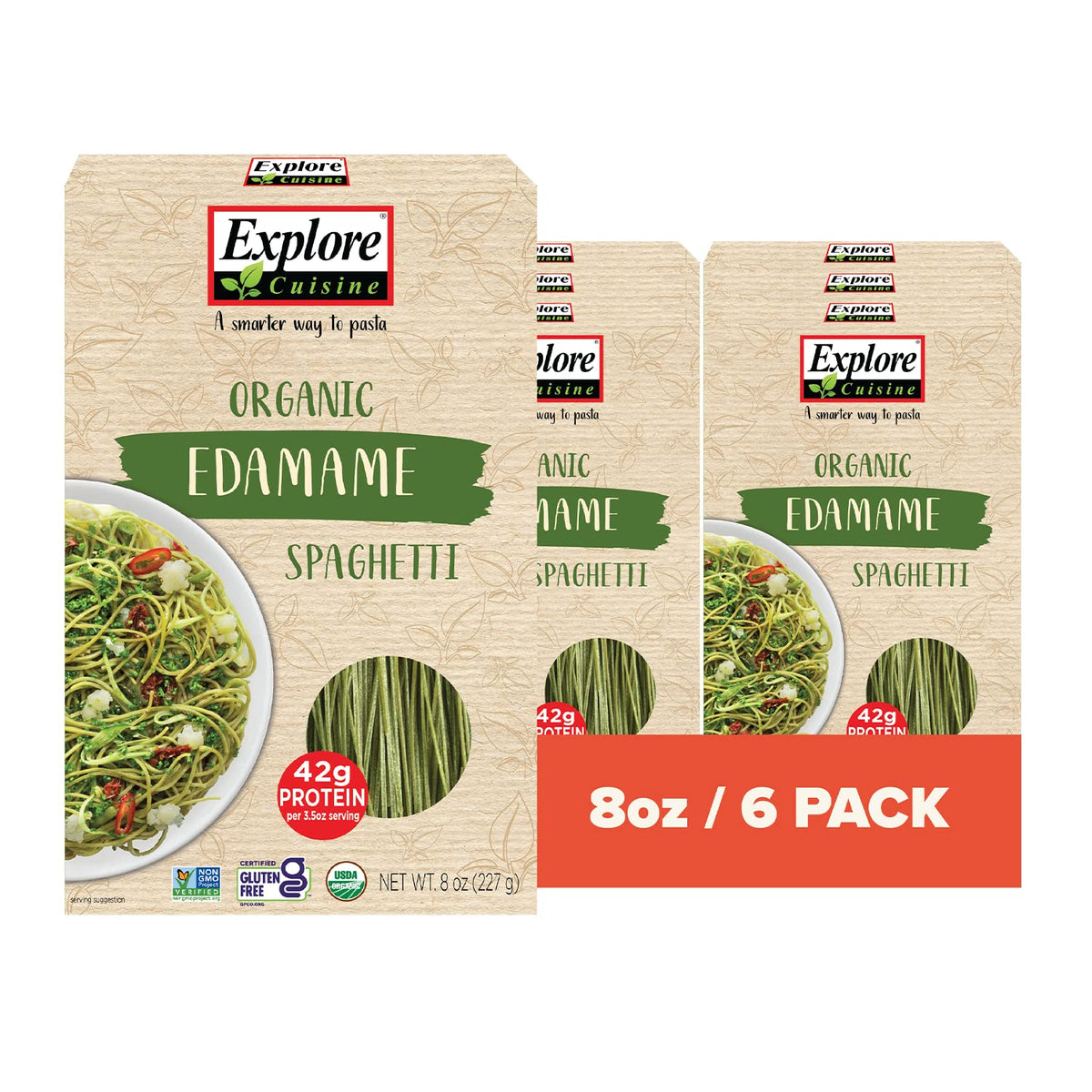 Explore Cuisine Organic Edamame Spaghetti packaging showing gluten-free and protein-rich pasta