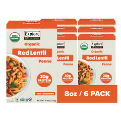 EXPLORE CUISINE Organic Red Lentil Penne pack shows high-protein gluten-free pasta