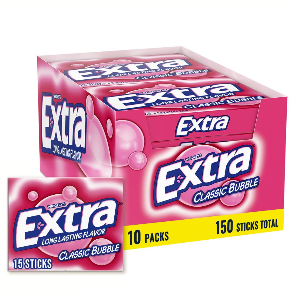 Extra Classic Bubble Gum bulk pack with ten 15-stick sleeves for on-the-go freshness.