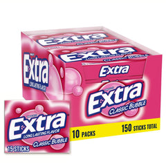 Extra Classic Bubble Gum bulk pack with ten 15-stick sleeves for on-the-go freshness.