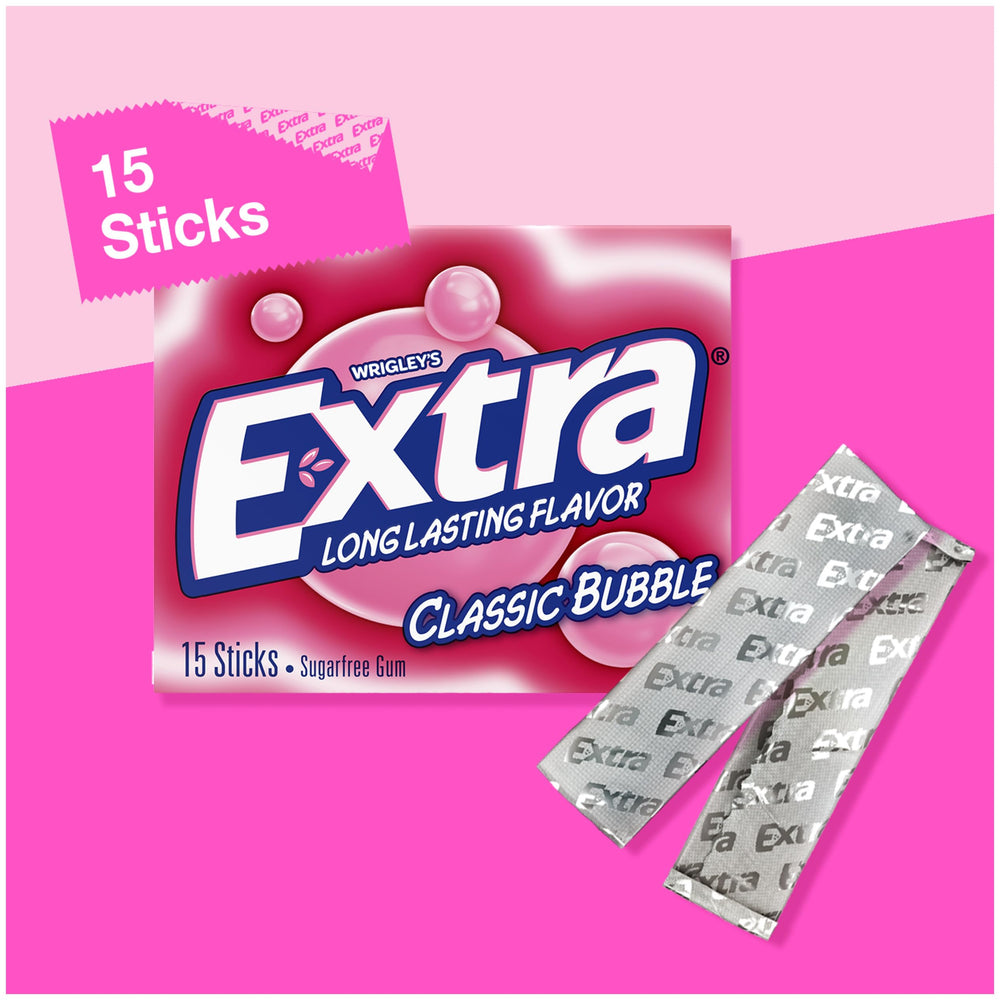 Extra Classic Bubble Gum with long-lasting flavor for commutes or gatherings.