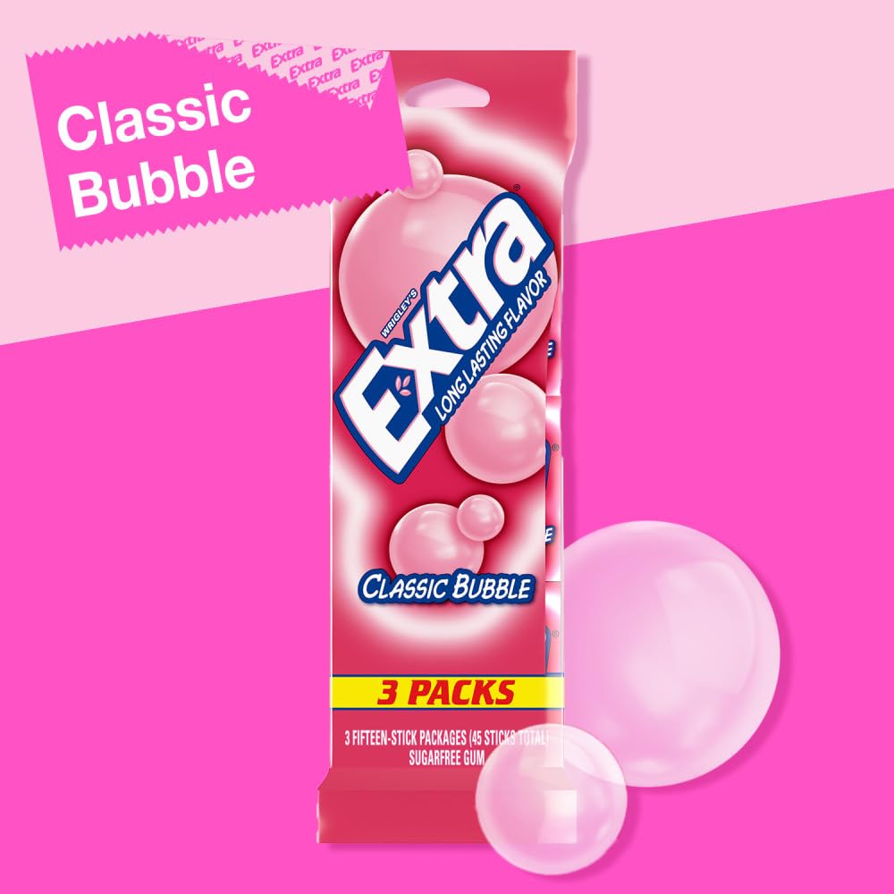 EXTRA Classic Bubble sugar-free gum wrapped-pieces showing individually wrapped sticks.